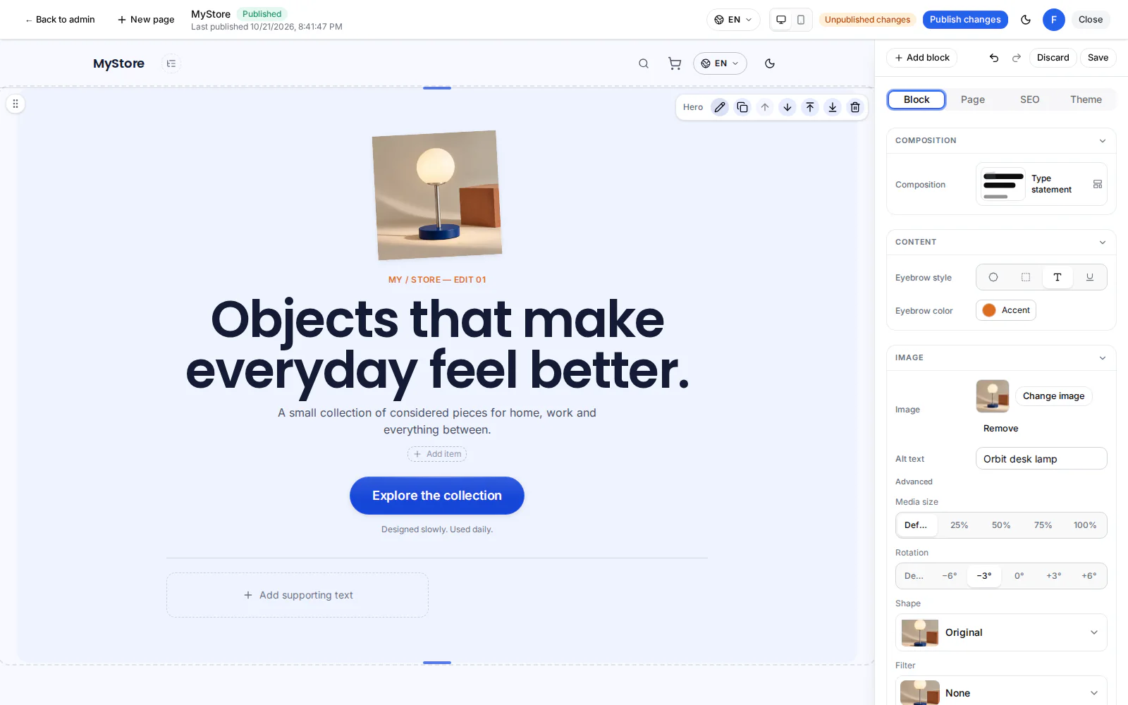 The MyStore homepage open in the Solwito visual editor with the live storefront canvas and editing controls.